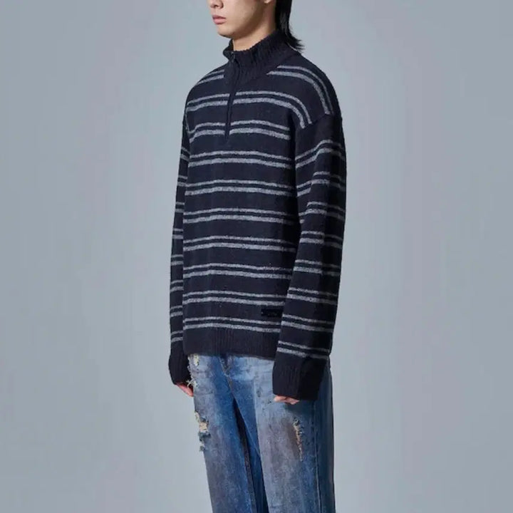 [BUNJANG] Junji Stripe Knit Half-Zip S / 준지 스트라이프 니트 반집업 S