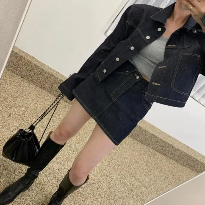 [BUNJANG] OnOff Raw Denim Set (Jacket + Skirt) / 온오프 생지 데님 셋업(자켓+스커트)