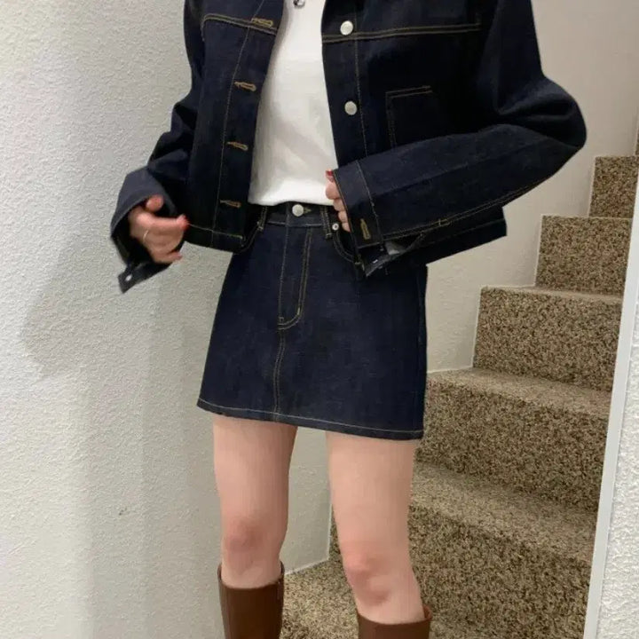[BUNJANG] OnOff Raw Denim Set (Jacket + Skirt) / 온오프 생지 데님 셋업(자켓+스커트)