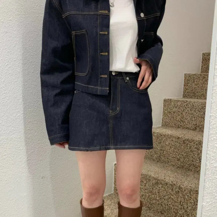 [BUNJANG] OnOff Raw Denim Set (Jacket + Skirt) / 온오프 생지 데님 셋업(자켓+스커트)