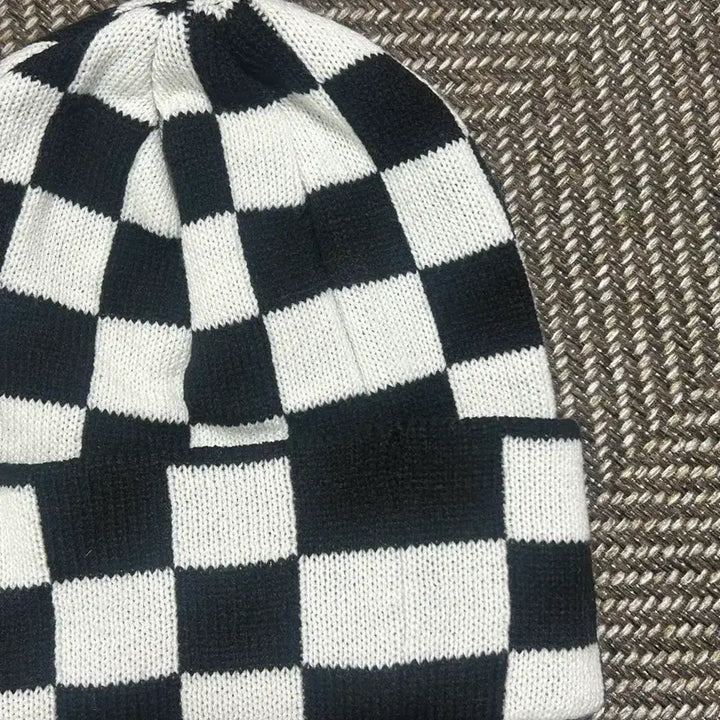 [BUNJANG] Check Pattern Knit Beanie Hat / 체크 패턴 니트 비니 모자