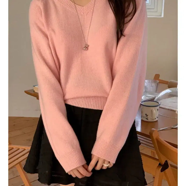[BUNJANG] Miel Cashmere Wool High V-Neck Knit Sweater / 미엘 miel 캐시미어 울 니트 하이 브이넥 니트 핑크