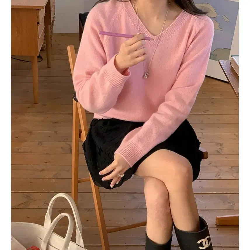 [BUNJANG] Miel Cashmere Wool High V-Neck Knit Sweater / 미엘 miel 캐시미어 울 니트 하이 브이넥 니트 핑크