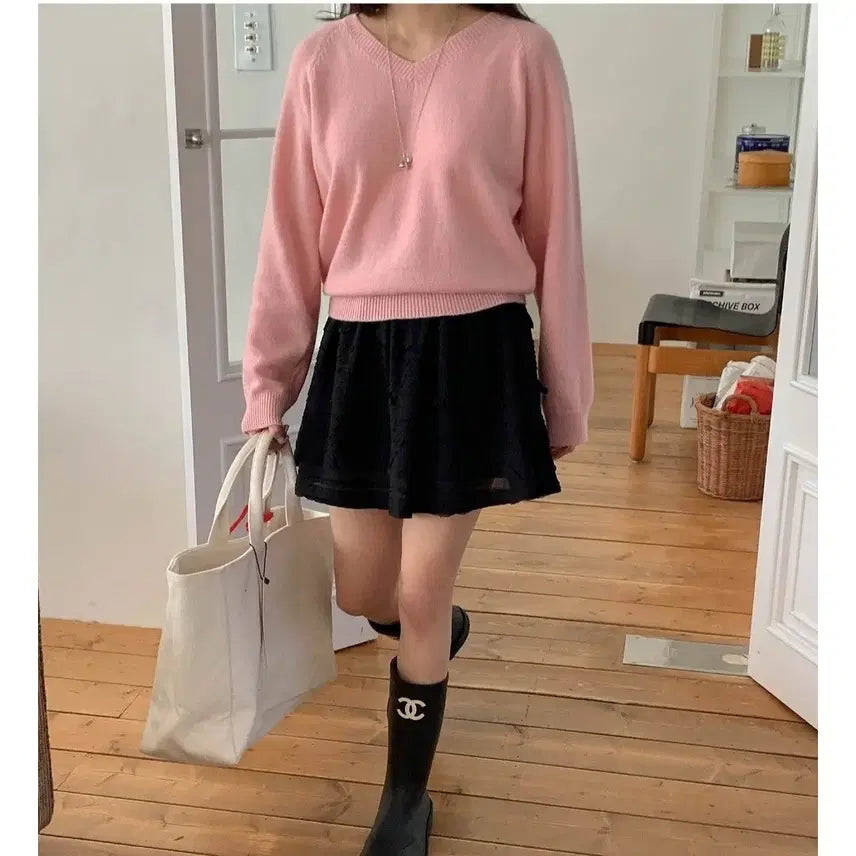 [BUNJANG] Miel Cashmere Wool High V-Neck Knit Sweater / 미엘 miel 캐시미어 울 니트 하이 브이넥 니트 핑크