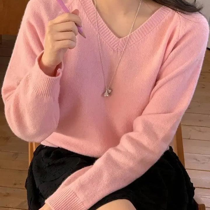 [BUNJANG] Miel Cashmere Wool High V-Neck Knit Sweater / 미엘 miel 캐시미어 울 니트 하이 브이넥 니트 핑크