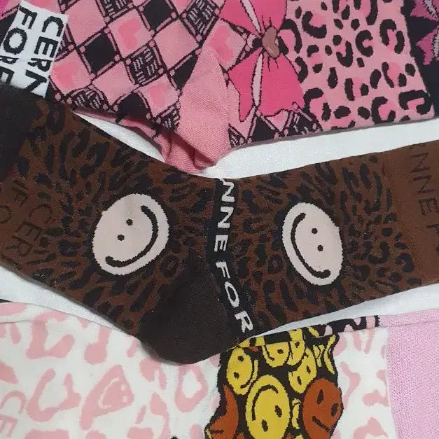 [BUNJANG] Pink Brown Leopard Ribbon Smile Socks / 개당가격이예요~ 핑크 브라운 호피 레오파드 리본 스마일 양말