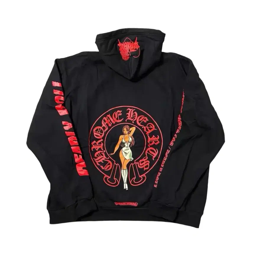 [BUNJANG] Chrome Hearts Deadly Doll Red Horseshoe Logo Pullover Hoodie / 크롬하츠 데들리 돌 레드 말굽 로고 풀오버 후디 L/XL