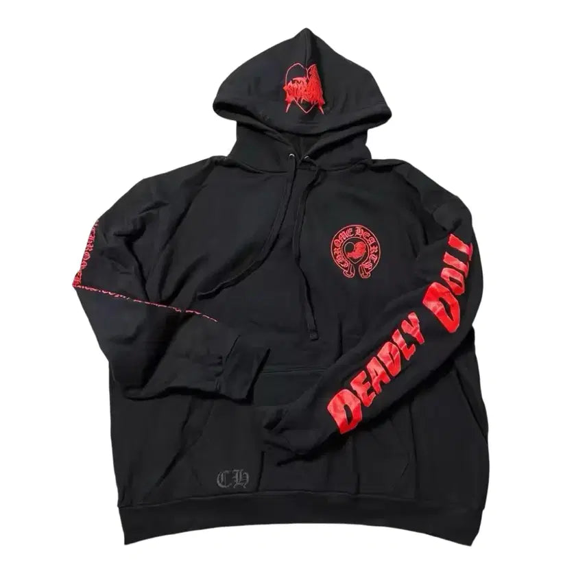 [BUNJANG] Chrome Hearts Deadly Doll Red Horseshoe Logo Pullover Hoodie / 크롬하츠 데들리 돌 레드 말굽 로고 풀오버 후디 L/XL