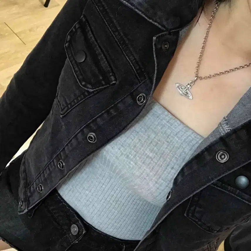 [BUNJANG] Anyone More Black Denim Short Jacket / 에이블리 애니원모어 블랙 데님 숏 청자켓