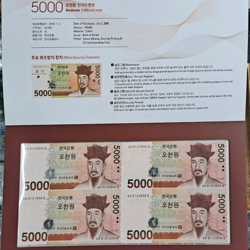 [BUNJANG] Bank of Korea 5,000 Won Note Quadruple Consecutive Banknotes / 한국은행 오천원권 4면부 연결형 은행권