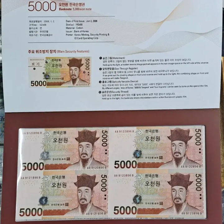 [BUNJANG] Bank of Korea 5,000 Won Note Quadruple Consecutive Banknotes / 한국은행 오천원권 4면부 연결형 은행권
