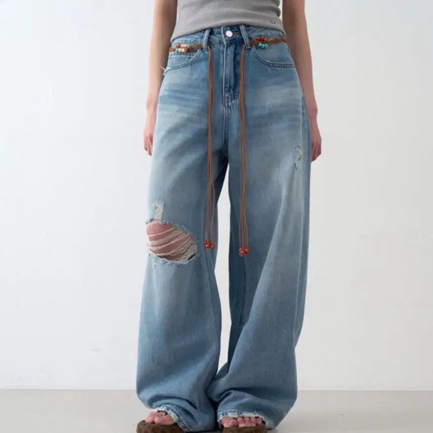 [BUNJANG] Rowear Ethnic Belt Damage Denim Pants / 로웨어 ethnic belt damage denim pants