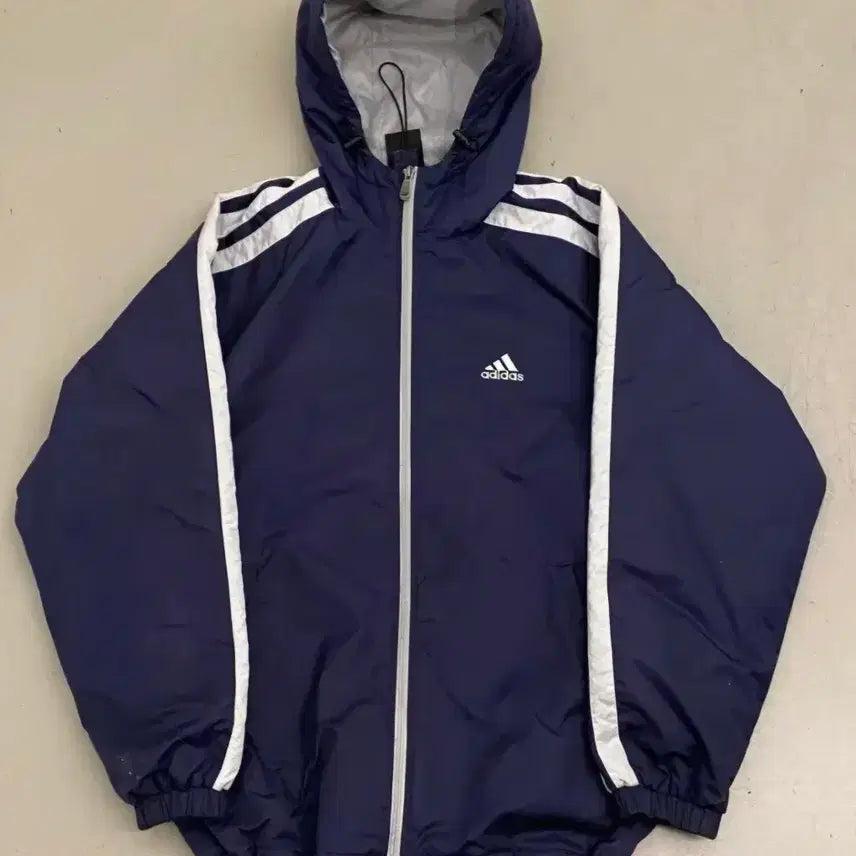 [BUNJANG] Adidas Navy Hooded Windbreaker Jacket / 아디다스 삼선 네이비 후드 바람막이 점퍼