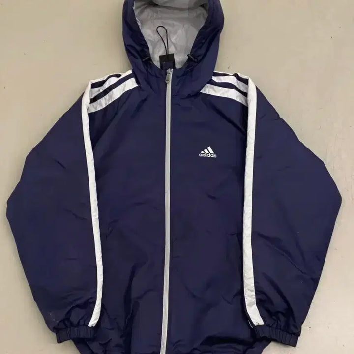 [BUNJANG] Adidas Navy Hooded Windbreaker Jacket / 아디다스 삼선 네이비 후드 바람막이 점퍼