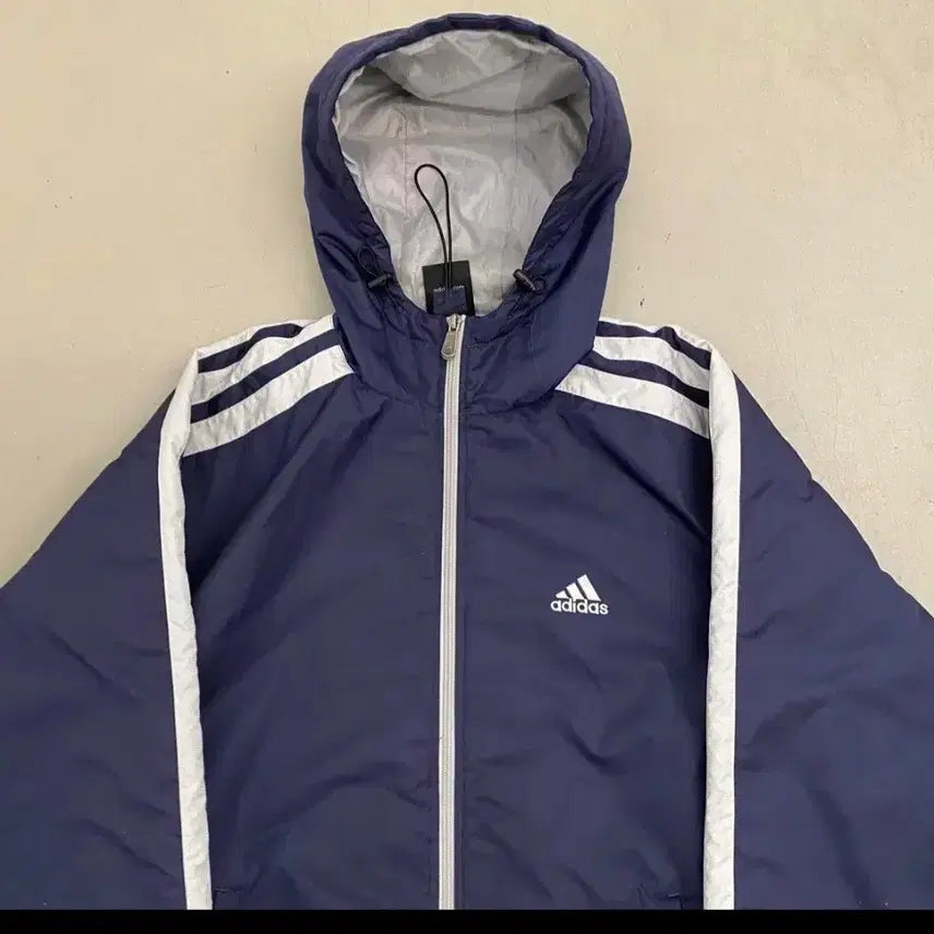 [BUNJANG] Adidas Navy Hooded Windbreaker Jacket / 아디다스 삼선 네이비 후드 바람막이 점퍼