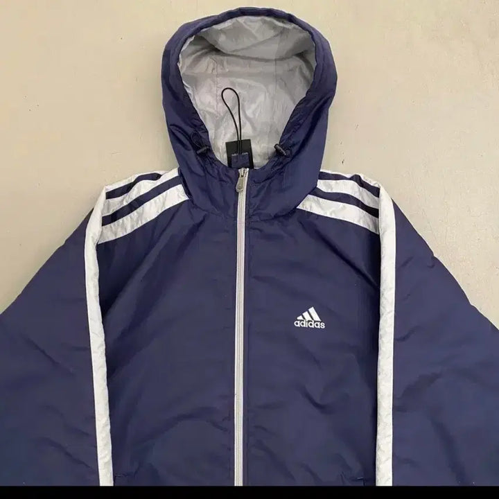 [BUNJANG] Adidas Navy Hooded Windbreaker Jacket / 아디다스 삼선 네이비 후드 바람막이 점퍼