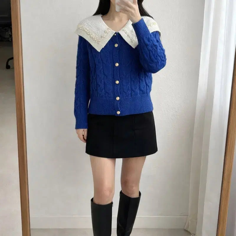 [BUNJANG] Sailor Collar Cable Knit Cardigan / 진주 세일러카라 블루 케이블 니트 가디건 | 골드버튼 포인트