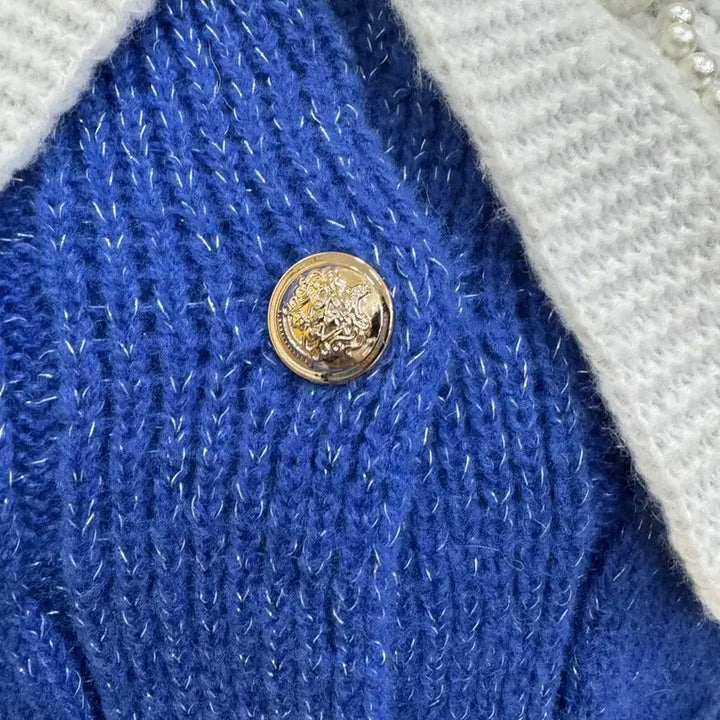 [BUNJANG] Sailor Collar Cable Knit Cardigan / 진주 세일러카라 블루 케이블 니트 가디건 | 골드버튼 포인트