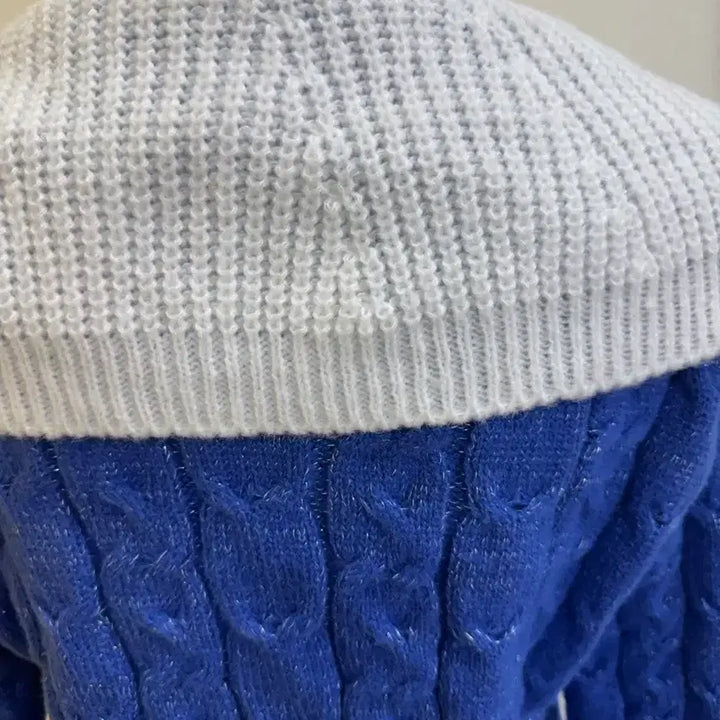 [BUNJANG] Sailor Collar Cable Knit Cardigan / 진주 세일러카라 블루 케이블 니트 가디건 | 골드버튼 포인트