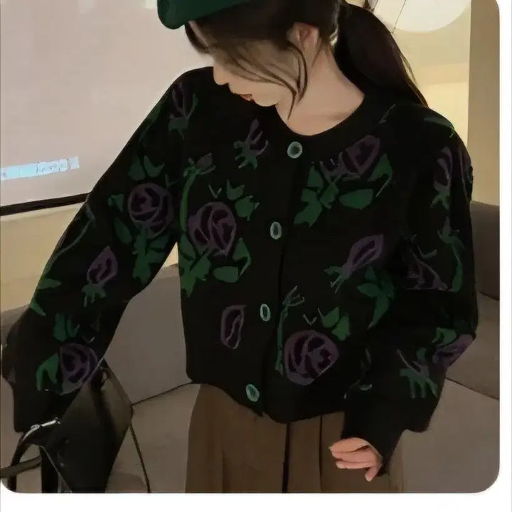 [BUNJANG] Vintage Black Rose Pattern Cardigan / 블랙 장미 패턴 빈티지 가디건