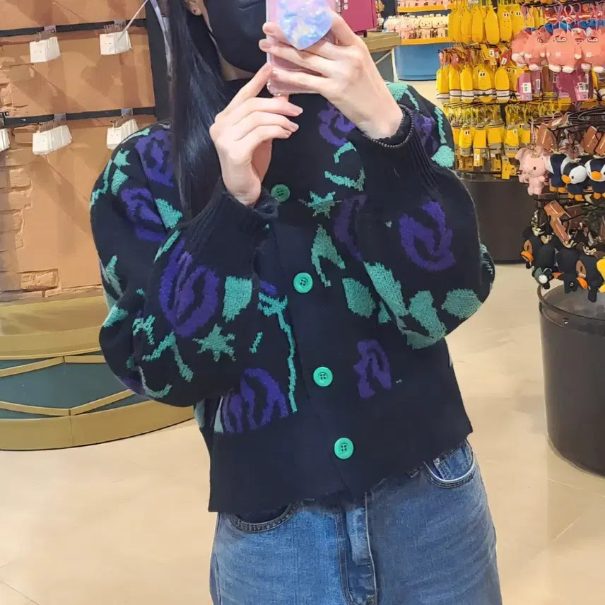 [BUNJANG] Vintage Black Rose Pattern Cardigan / 블랙 장미 패턴 빈티지 가디건