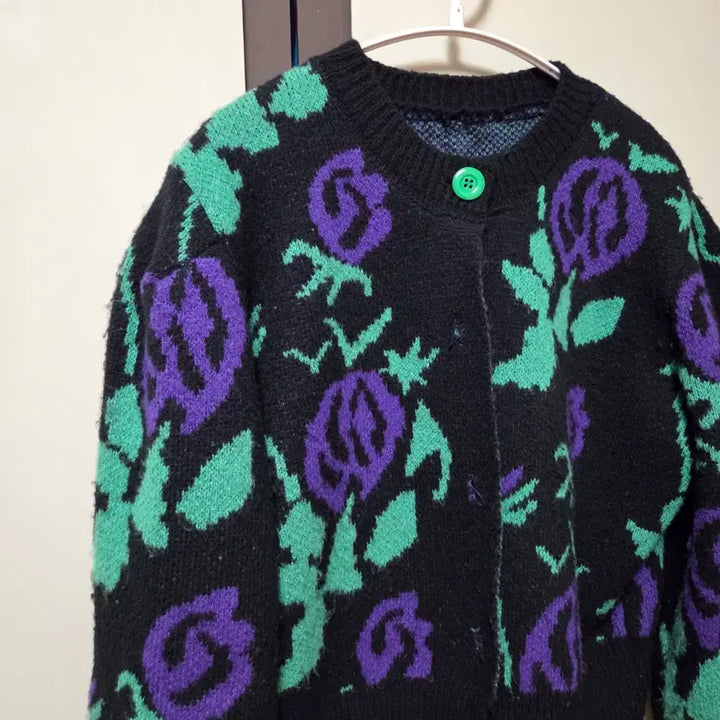 [BUNJANG] Vintage Black Rose Pattern Cardigan / 블랙 장미 패턴 빈티지 가디건