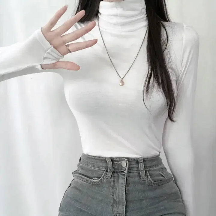 [BUNJANG] Basic Turtleneck Warmer T-Shirt Ivory/Black / 베이직 목폴라 워머 티셔츠 블랙