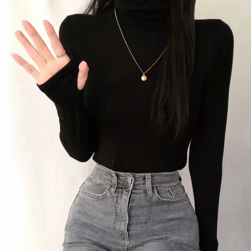 [BUNJANG] Basic Turtleneck Warmer T-Shirt Ivory/Black / 베이직 목폴라 워머 티셔츠 블랙