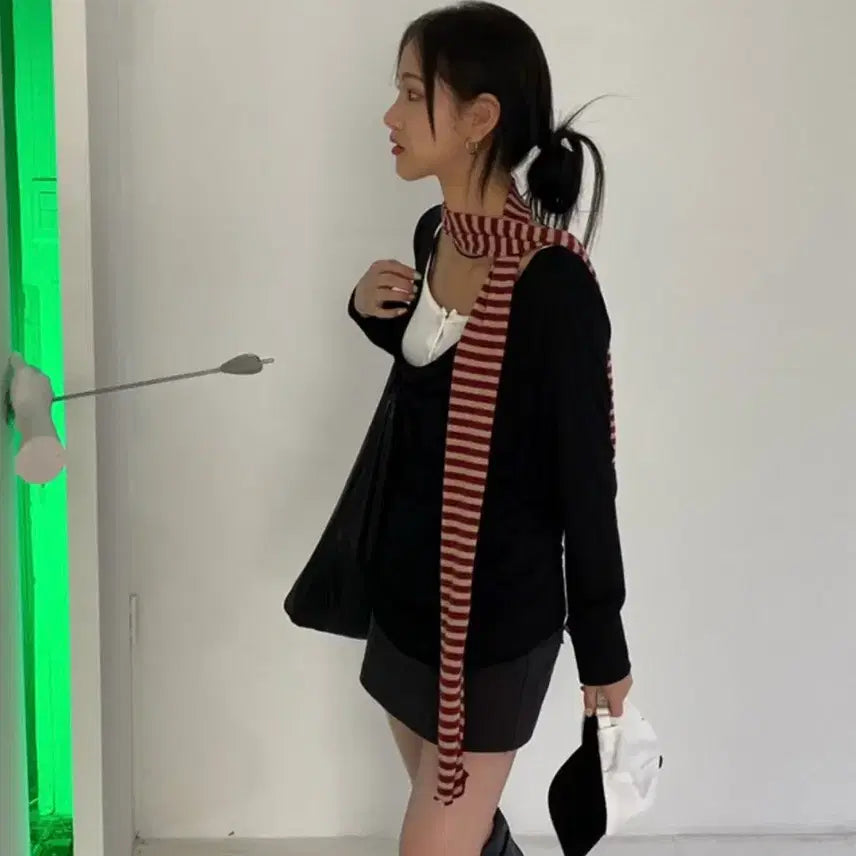 [BUNJANG] Seoulbased Wine Red Striped Cotton Scarf / 서울베이스드 와인/레드/빨강 줄무늬 면 목도리 스카프