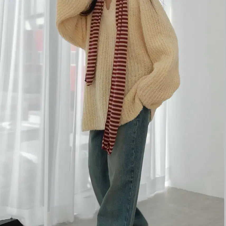 [BUNJANG] Seoulbased Wine Red Striped Cotton Scarf / 서울베이스드 와인/레드/빨강 줄무늬 면 목도리 스카프