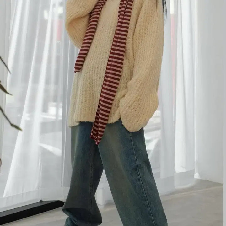 [BUNJANG] Seoulbased Wine Red Striped Cotton Scarf / 서울베이스드 와인/레드/빨강 줄무늬 면 목도리 스카프