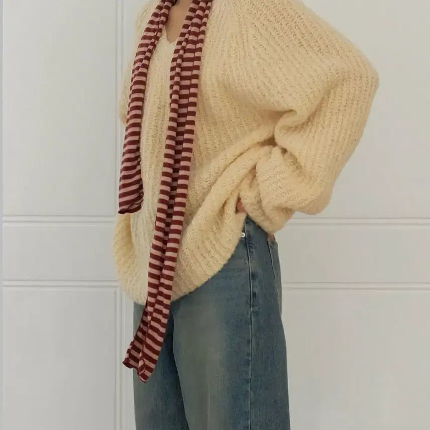 [BUNJANG] Seoulbased Wine Red Striped Cotton Scarf / 서울베이스드 와인/레드/빨강 줄무늬 면 목도리 스카프