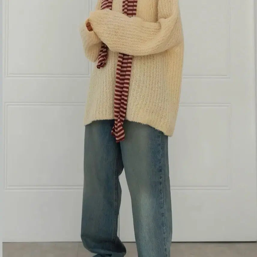 [BUNJANG] Seoulbased Wine Red Striped Cotton Scarf / 서울베이스드 와인/레드/빨강 줄무늬 면 목도리 스카프