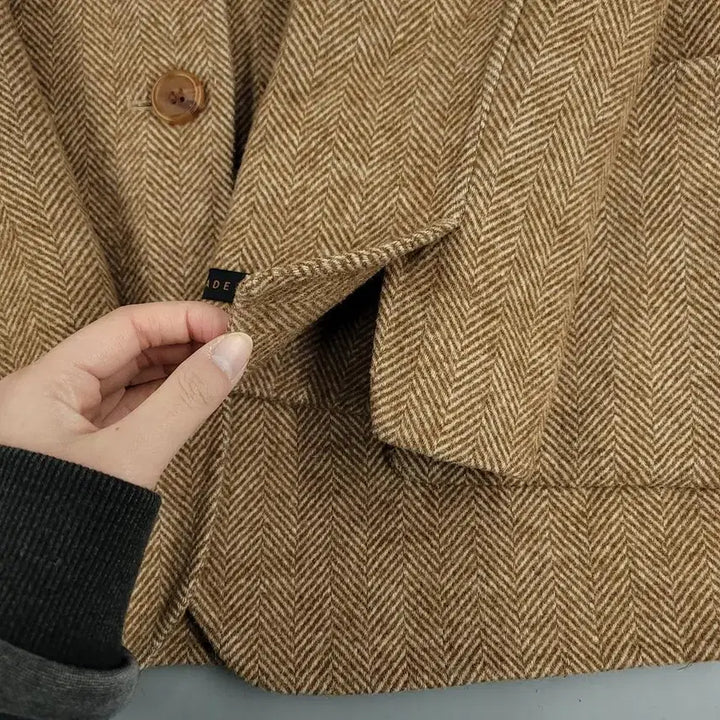 [BUNJANG] Zio Songzio Brown Herringbone Check Handmade Wool Blend Short Coat / 지오송지오 브라운 헤링본체크 핸드메이드 투버튼 울블렌드 숏코트 하프코트