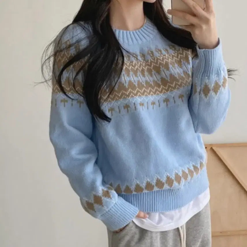 [BUNJANG] Sky Blue Nordic Pattern Knit Sweater / 노르딕 패턴니트 스웨터 하늘색
