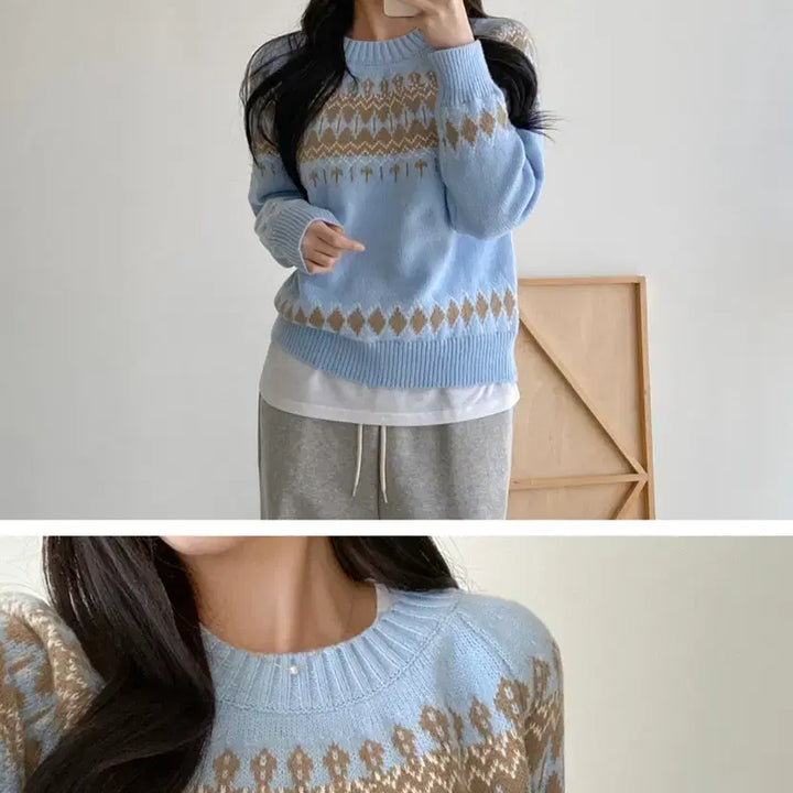 [BUNJANG] Sky Blue Nordic Pattern Knit Sweater / 노르딕 패턴니트 스웨터 하늘색