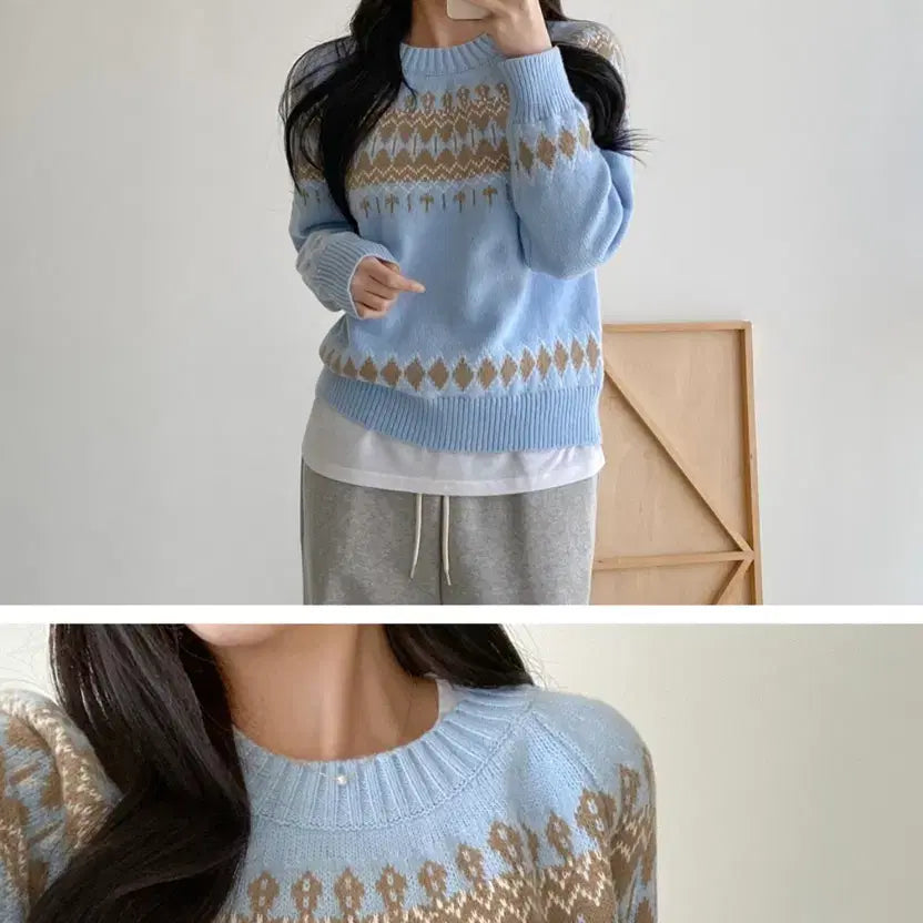 [BUNJANG] Sky Blue Nordic Pattern Knit Sweater / 노르딕 패턴니트 스웨터 하늘색
