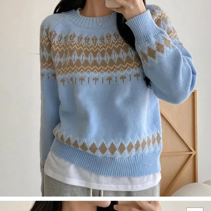 [BUNJANG] Sky Blue Nordic Pattern Knit Sweater / 노르딕 패턴니트 스웨터 하늘색