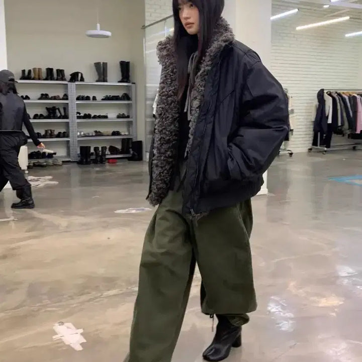 [BUNJANG] Black Bomber Blouson Padded Jacket / 블랙 퍼 봄버 블루종 점퍼 패딩 자켓