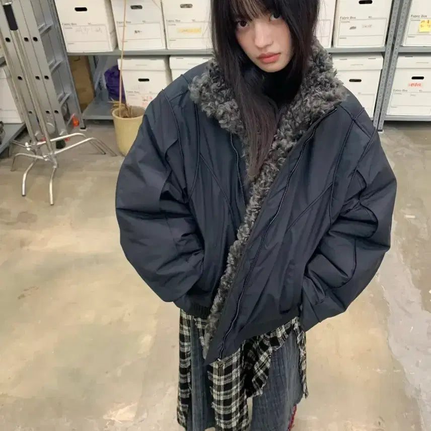 [BUNJANG] Black Bomber Blouson Padded Jacket / 블랙 퍼 봄버 블루종 점퍼 패딩 자켓