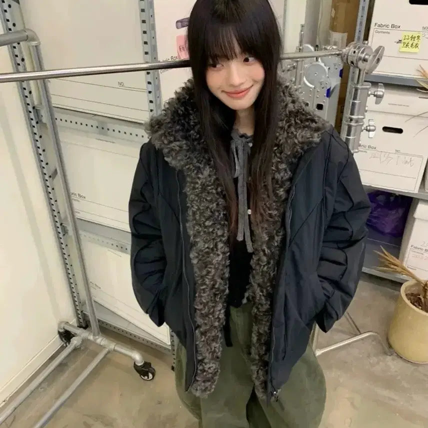 [BUNJANG] Black Bomber Blouson Padded Jacket / 블랙 퍼 봄버 블루종 점퍼 패딩 자켓