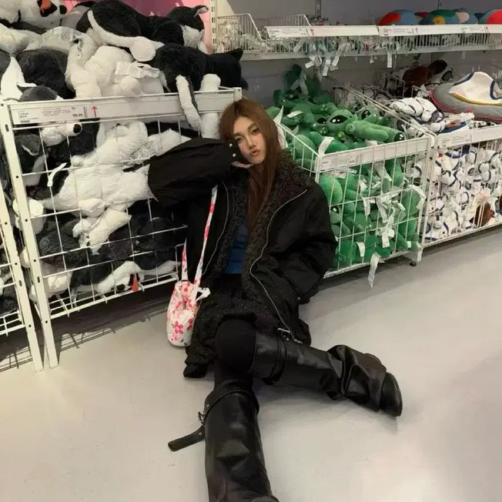 [BUNJANG] Black Bomber Blouson Padded Jacket / 블랙 퍼 봄버 블루종 점퍼 패딩 자켓