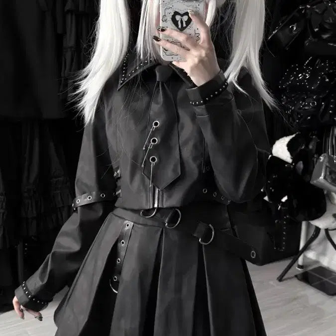 [BUNJANG] Subculture Jacket &amp; Skirt Set / 지뢰계 서브컬처 자켓+스커트 세트 매트 가죽 느낌 메탈 장식