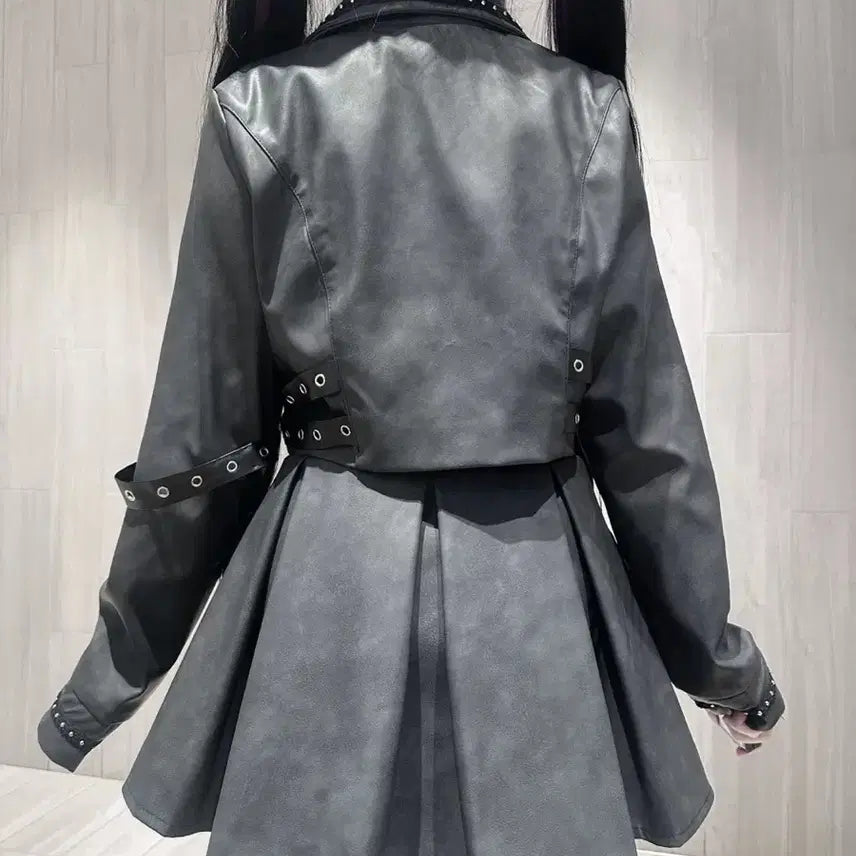 [BUNJANG] Subculture Jacket &amp; Skirt Set / 지뢰계 서브컬처 자켓+스커트 세트 매트 가죽 느낌 메탈 장식