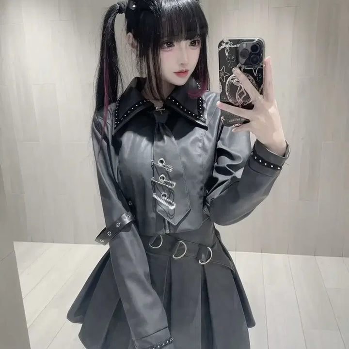 [BUNJANG] Subculture Jacket &amp; Skirt Set / 지뢰계 서브컬처 자켓+스커트 세트 매트 가죽 느낌 메탈 장식