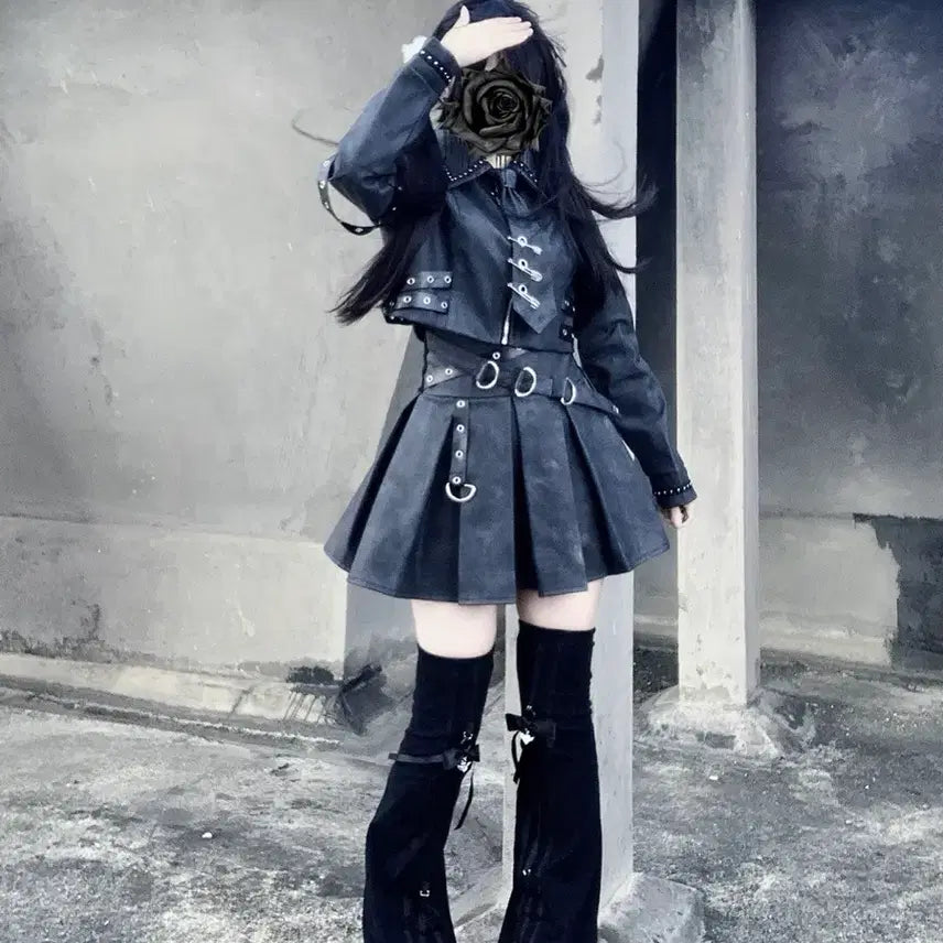 [BUNJANG] Subculture Jacket &amp; Skirt Set / 지뢰계 서브컬처 자켓+스커트 세트 매트 가죽 느낌 메탈 장식