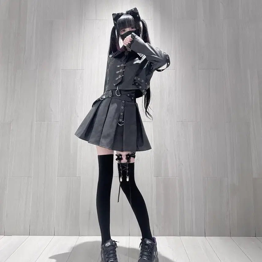 [BUNJANG] Subculture Jacket &amp; Skirt Set / 지뢰계 서브컬처 자켓+스커트 세트 매트 가죽 느낌 메탈 장식