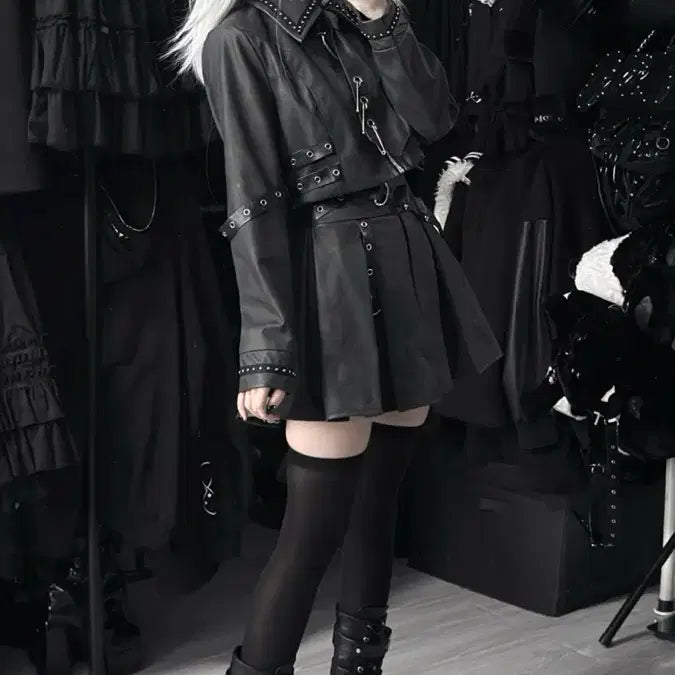 [BUNJANG] Subculture Jacket &amp; Skirt Set / 지뢰계 서브컬처 자켓+스커트 세트 매트 가죽 느낌 메탈 장식