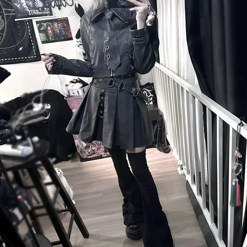 [BUNJANG] Subculture Jacket &amp; Skirt Set / 지뢰계 서브컬처 자켓+스커트 세트 매트 가죽 느낌 메탈 장식