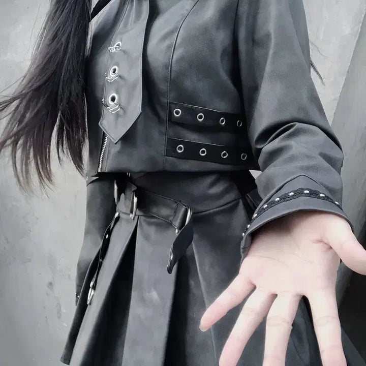 [BUNJANG] Subculture Jacket &amp; Skirt Set / 지뢰계 서브컬처 자켓+스커트 세트 매트 가죽 느낌 메탈 장식
